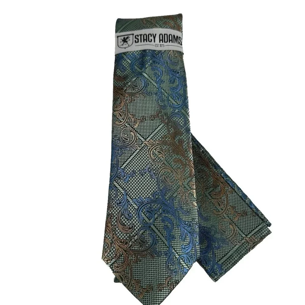 Stacy Adams Men Tie Hanky Green Melon Cobalt Blue Microfiber Handmade 3.25